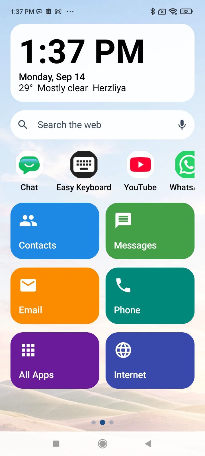 Home Screen Captain home screen showing large buttons for Contacts, Messages, Email, Phone, All Apps and Internet
